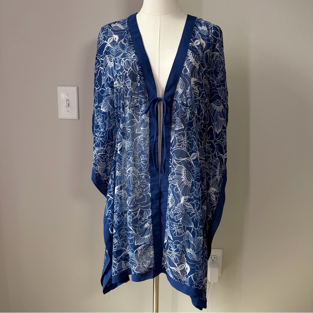 Sea Angel Navy Floral Sheer Kimono Coverup Vacation Resortwear Beach Lightweight